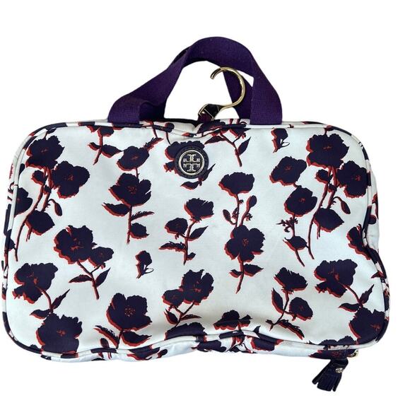 Tory Burch Handbags - Tory Burch makeup bag white purple floral full zip 2 strap hanger plastic inside